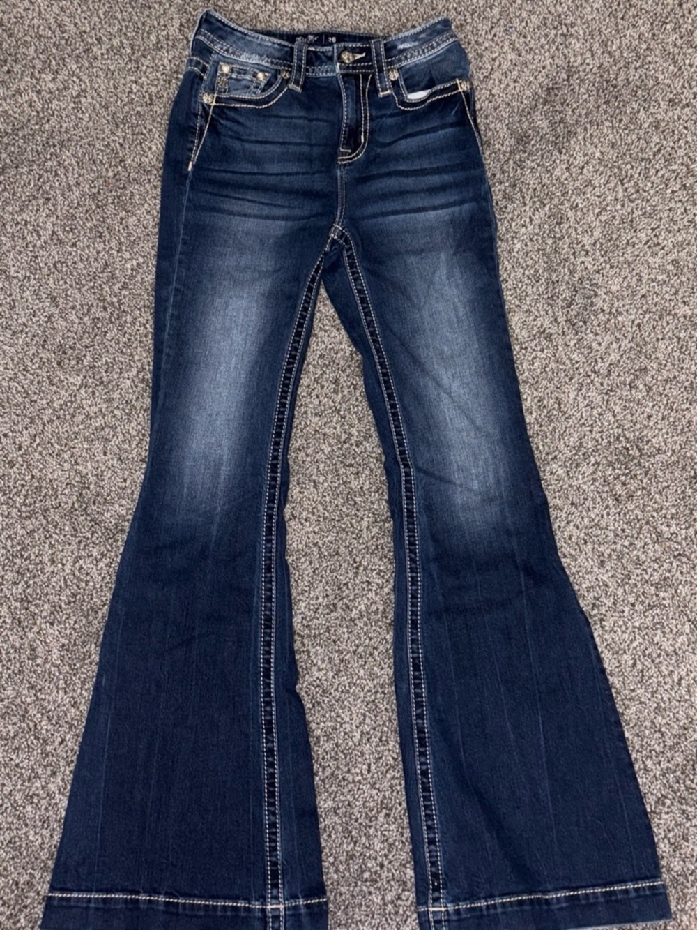 Miss Me Dark Blue Flare Jeans with Contrast Stitching